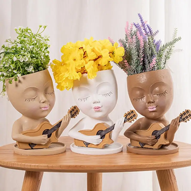 

Unique Face Planters European Style Resin Flowerpot Funny Head Planter Small Guitar Succulent Pot with Drainage Hole home decor