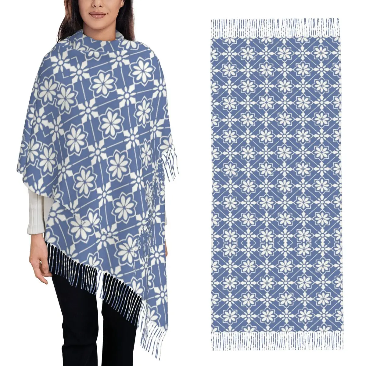 Modelli geometrici di fiori Sciarpa Sciarpe con nappe Donna Scialli e stole morbidi e caldi Grande scialle autunno inverno