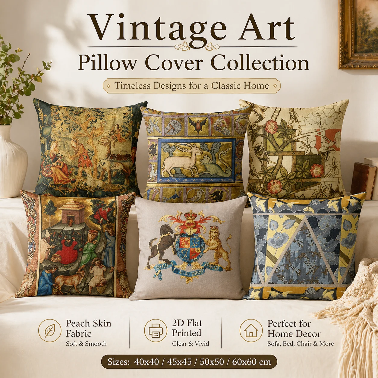 

Vintage Medieval Tapestry Pillow Cover 2D Flat Printed Peach Skin Throw Cushion Case for Sofa Living Room Home Decor 45x45cm