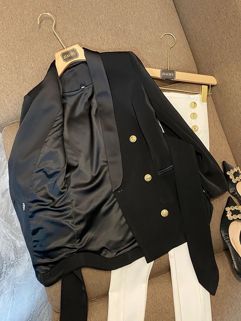 Blazer croisé avec ceinture pour femme, manteau de style européen, col châle, blazer monochrome pour femme de bureau, qualité, nouveauté