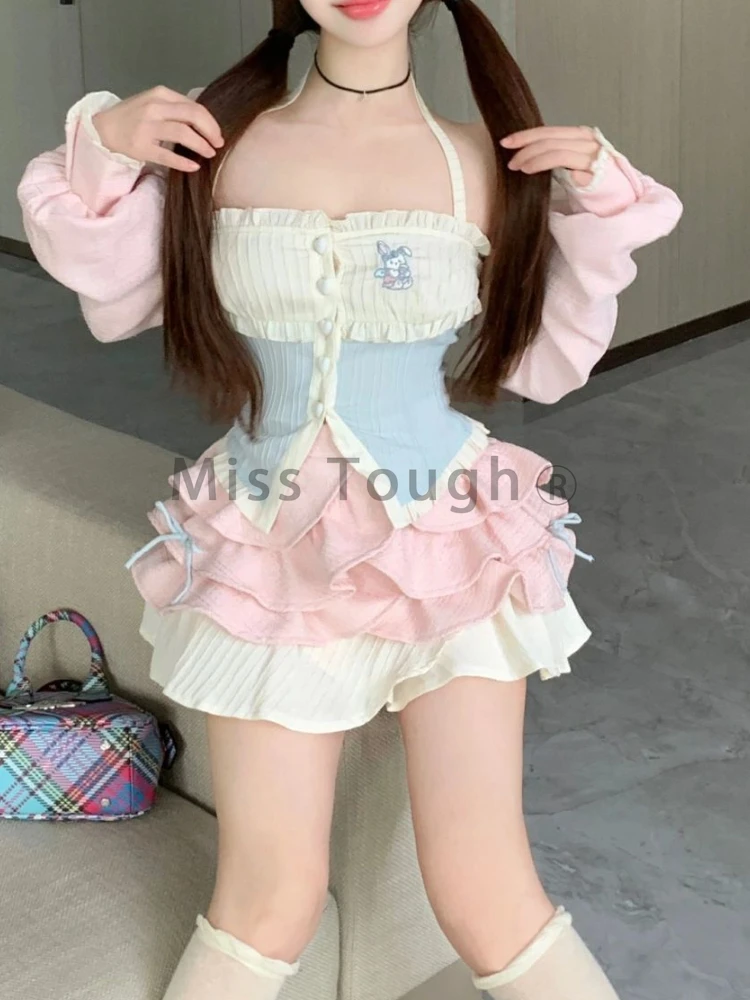 Fashion Lolita Slim Ruffle Sling 3 Piece Set Japanese Kawaii Natural Long Sleeve Cardigan + Sweet Loose Flounce A Line Dress New