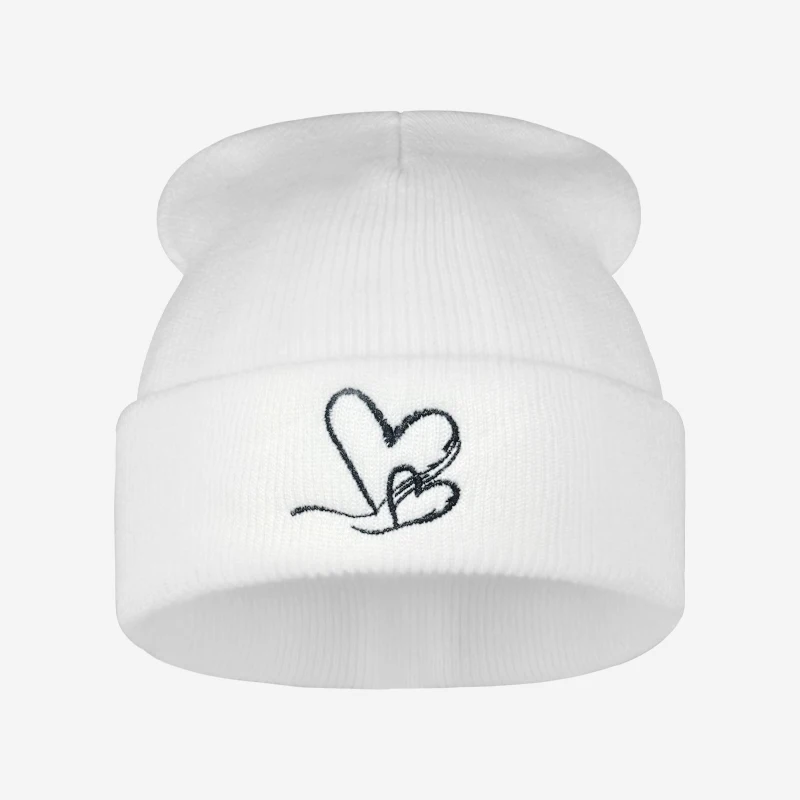 Minimalist White Line Heart Embroidery Beanie Thermal Knit Skull Cap Ladies Gift Holiday Dating Outdoor Street Fashion Hat