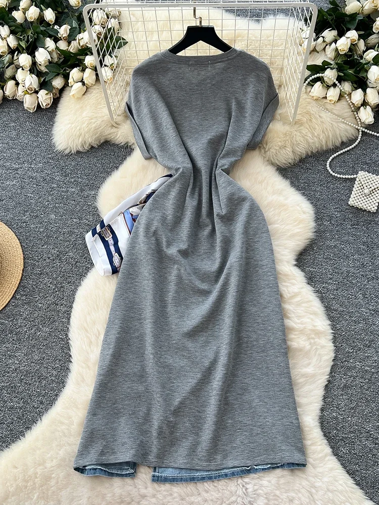 슬림하고 우아한 통기성 좋은 중간 길이 여성복 프랑스 소수민족 패치워크 레이스업 로브 데님 독특하고 개성 있는 캐주얼 드레스