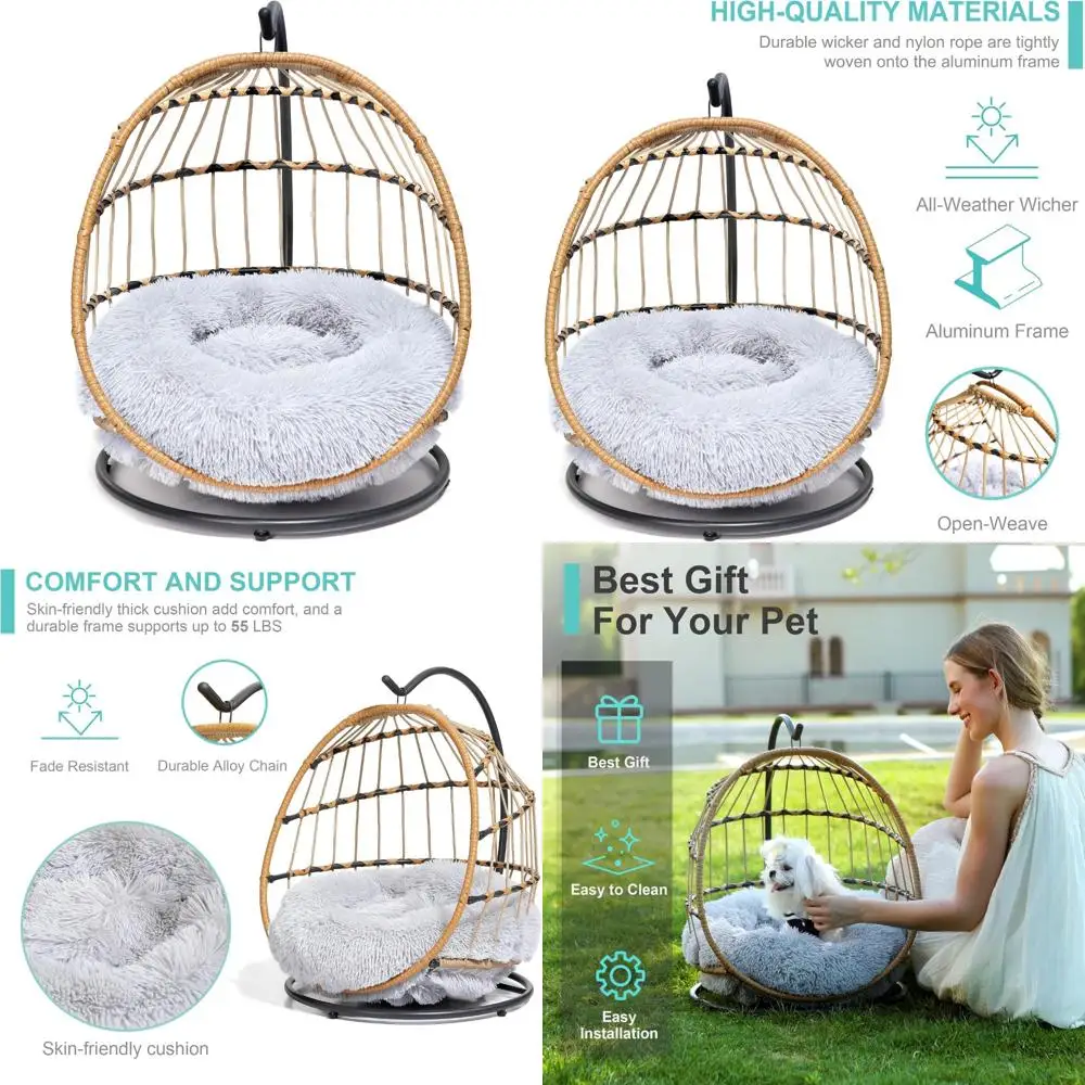 سرير كرسي أرجوحة للقطط - وسادة قابلة للإزالة والغسل، أرجوحة من الخيزران المعلقة للقطط والكلاب الصغيرة في الأماكن المغلقة - رمادي فاتح