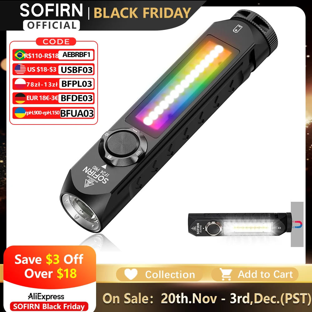 sofirn-usb-c充電式懐中電灯、磁気付きフラッドスポット、rgbライト、sft40バックドライバー、if24-pro、1800lm、340m、18650