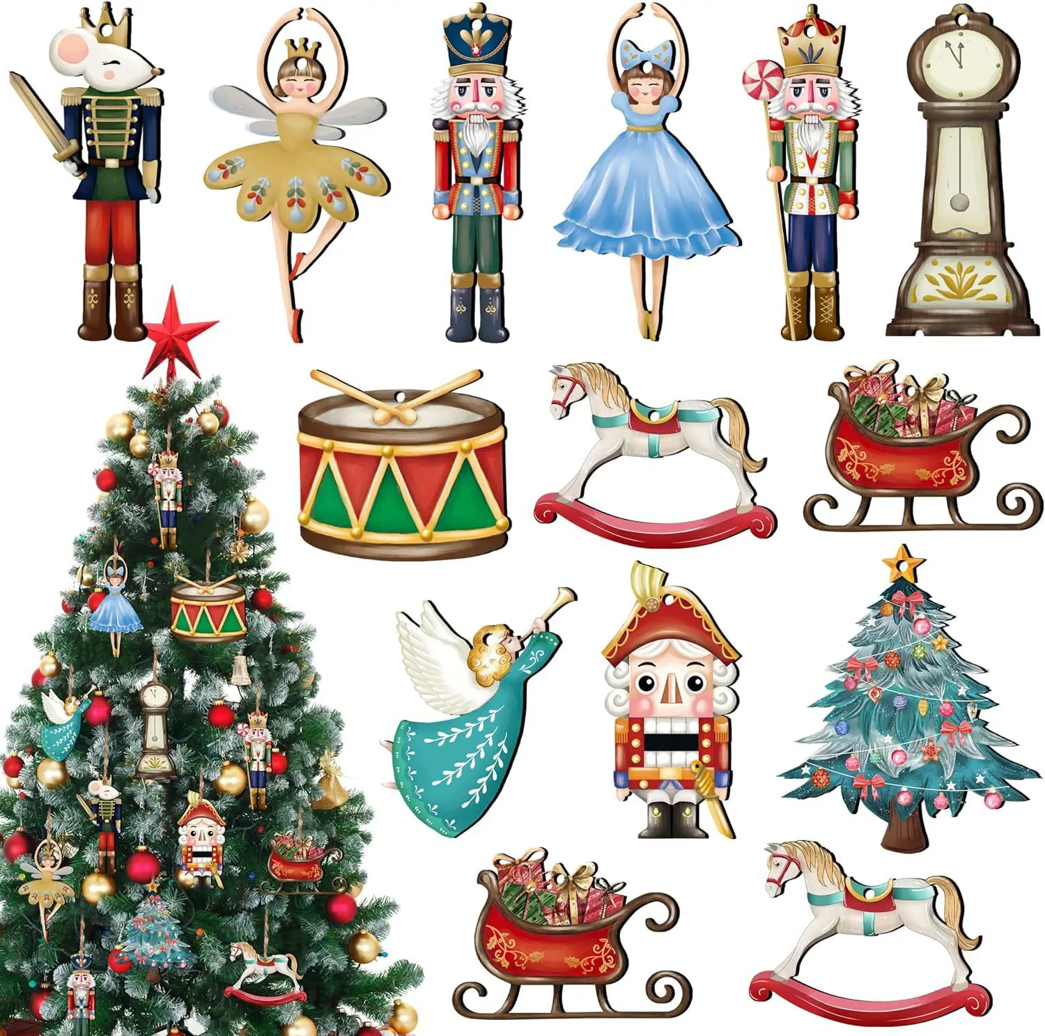 12/24Pcs Nutcracker christmas decorations Wooden crafts Christmas tree decoration set Multi Cartoon character Ornament Pendants