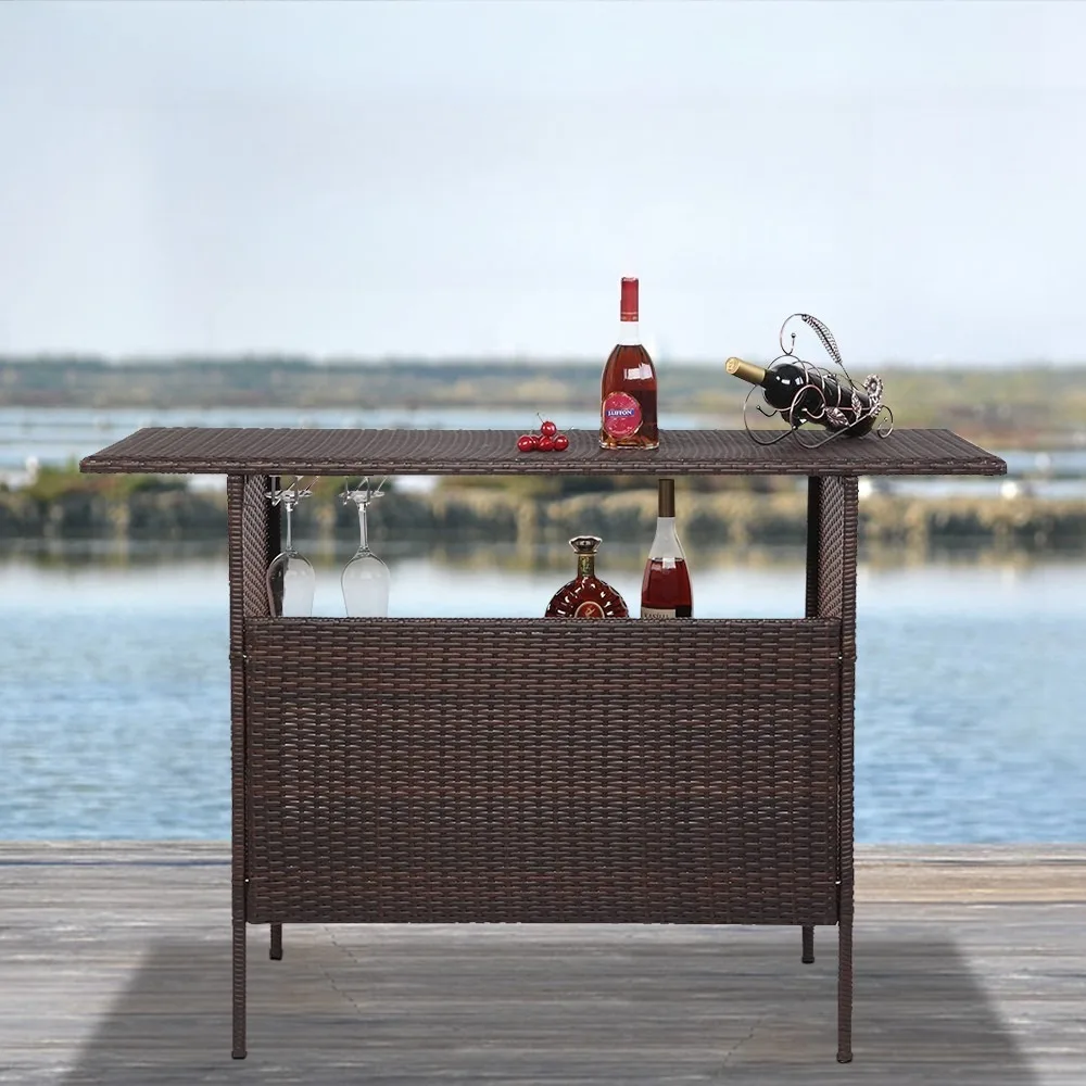 

In/Outdoor Rattan Wicker Bar Counter Table Shelves Patio Furniture 2Cup Holders