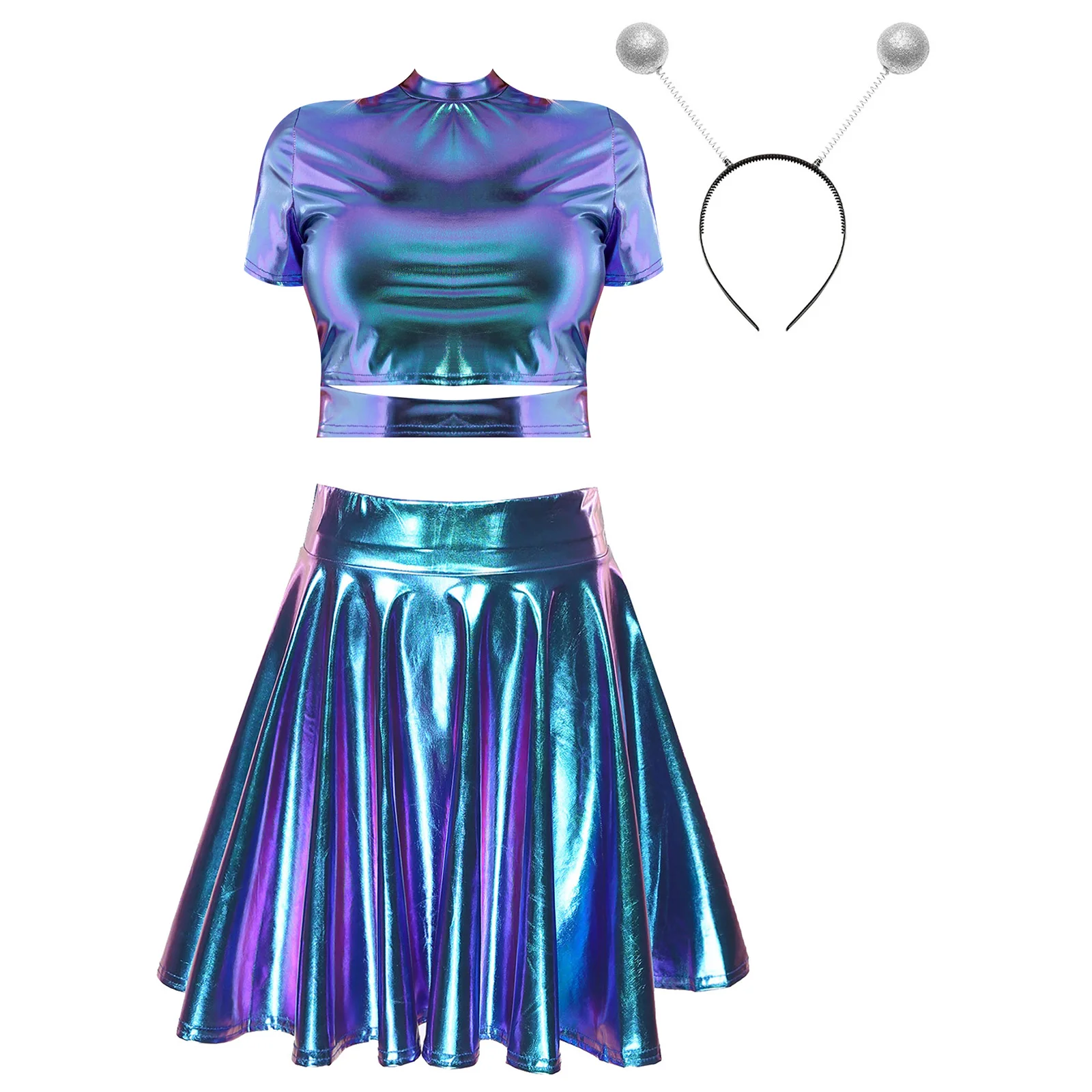 Womens Alien Costume Metallic Shiny Crop Top with Holographic Mini Skirt and Martian Headband Raves Outfit Halloween Cosplay