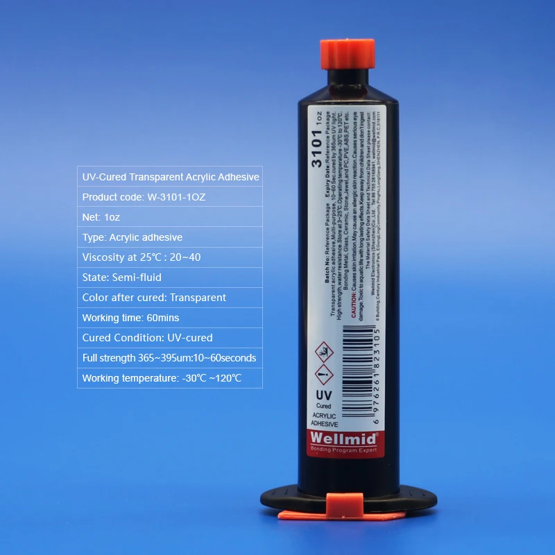 

3101 Transparent Acrylic Adhesive UV-Cured Rapid Bonded Glass Ceramic Clear Hard plastic High temperature Water Resistance glue