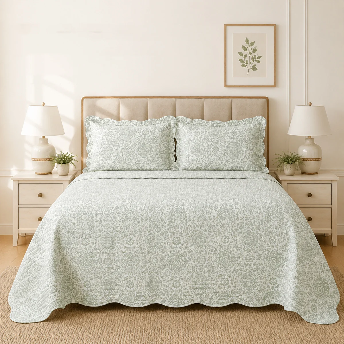 3pcs 100%cotton Quilted Bedspread Grass Green Retro Floral Quilt Twin Queen Size Coverlet Non-slip Sheet Double Bed Cover