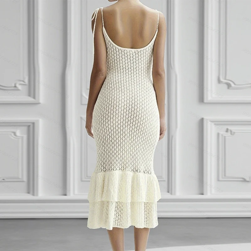 ชุดคลุมบิกินี่ถักสำหรับวันหยุดพักผ่อนริมชายหาดสำหรับผู้หญิง สีพื้น แต่งระบายสองชั้น ชุดเดรสแบบสลิป เซ็กซี่ โชว์เนื้อผ้าแบบโปร่ง ชุดคลุมชายหาด