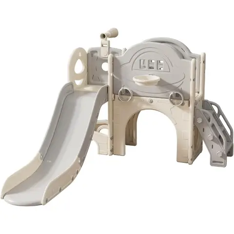 Playground Toddler Slide Playset with Climber Basketball Hoop Tunnel Ring Toss Game and Storage Space White Grey Outdoor Indoor