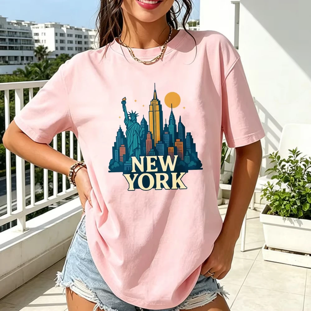 Retro Style New York Skyline with Statue of Liberty Graphic Tee Sunset Cityscape Urban Lifestyle Women Tops Cotton Street Tshirt