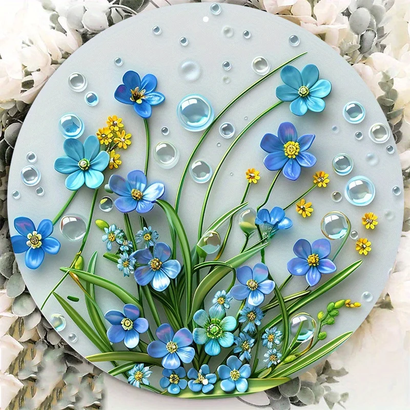 

Waterproof Aluminum Metal Sign, Round Floral Art, Blue Forget-Me-Nots, Yellow Yarrow and Dew Drops, HD Printed Door & Wall Decor