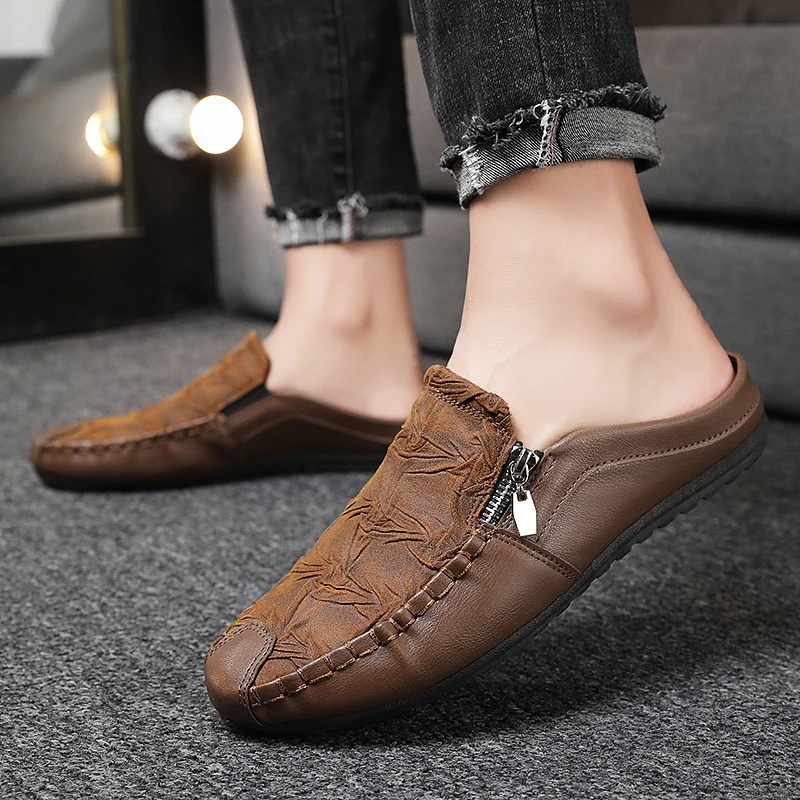 Fashion Sheepskin Mens Half Slippers Breathable Mens Casual Shoes Outdoor Men Loafers Lazy Shoes Flats Comfortable Male Sneakers