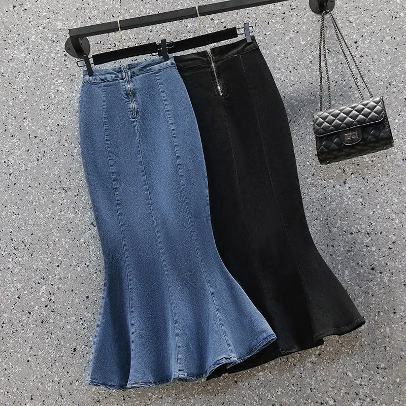 Women Autumn Winter New Lotus Leaf Edge Denim Skirt High Waist Elastic Slim Fit Split Fork Hip Wrap Fish Tail Medium Long Skirt
