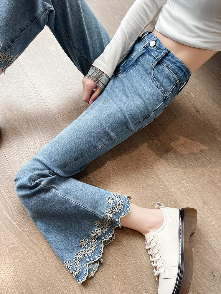 

Женские джинсы узкого кроя с вышивкой Ele и кружевной отделкой, хлопковые эластичные повседневные брюки с высокой талией и ушками