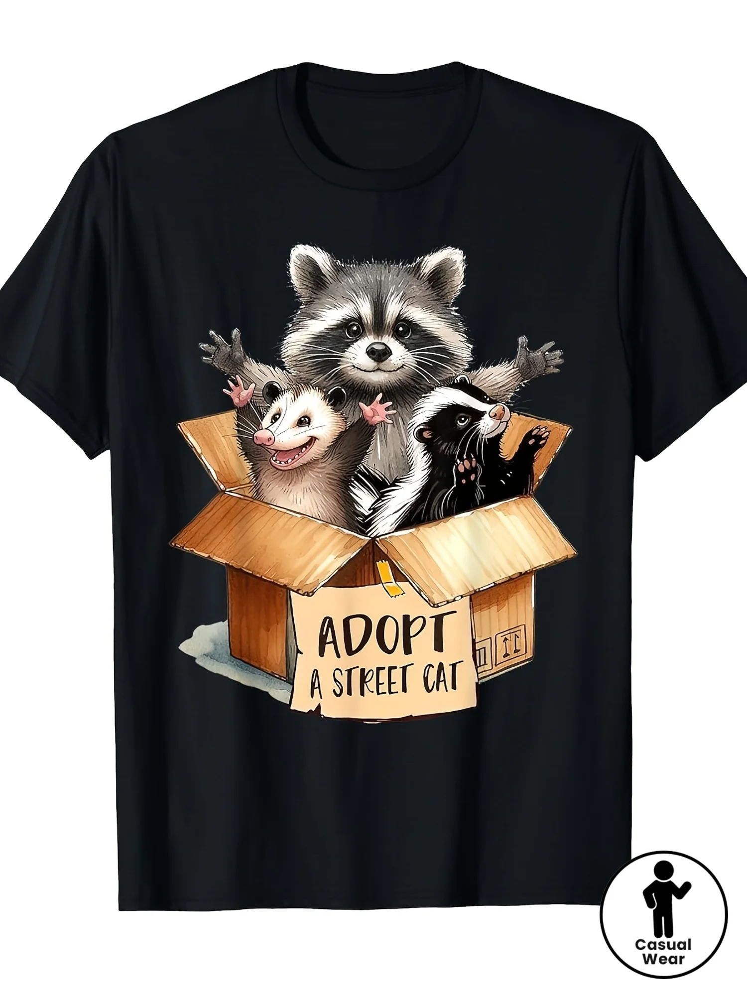 Unisex Vintage Wildlife T-Shirt - Featuring Cute Possums, Raccoons, Skunks, and Adopted Stray Cats - Casual Crew Neck Shirt for Animal Lovers, Suitable for All Seasons
