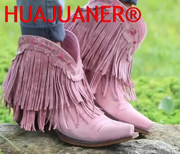 2023 Women Mid-calf Low Heel Bohemia Motorcycle Boots Fringed Cowboy Boots Shoes Spring Autumn Tassel Women Boots Botas Mujer