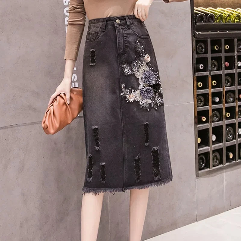Women's Wear In The Long Hole Embroidery Fashion Denim Autumn New High Waisted Large Size A-line Bag Hip Wome