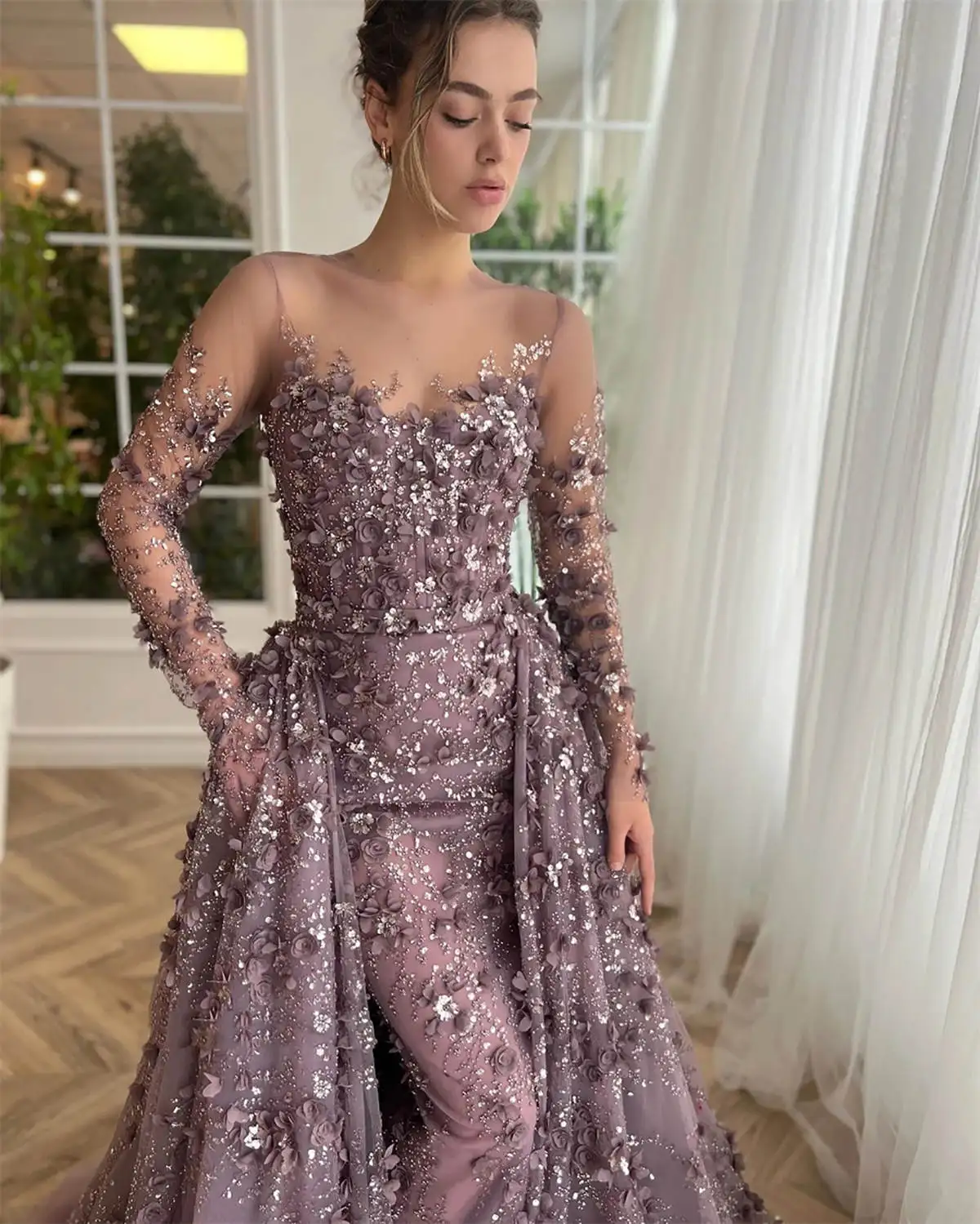 Exquisite Mermaid Prom Dresses 3D Flowers Appliques Evening Gowns Detachable Train Long Sleeve Custom Made Robes de soirée
