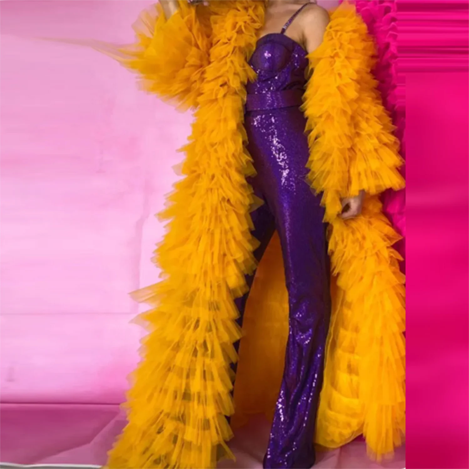 

Hot Sale Tiered Tulle Long Jacket Women Coats Long Sleeves Promdress Orange Ruffles Puffy Tulle Photoshoot Coat Robes Any Color