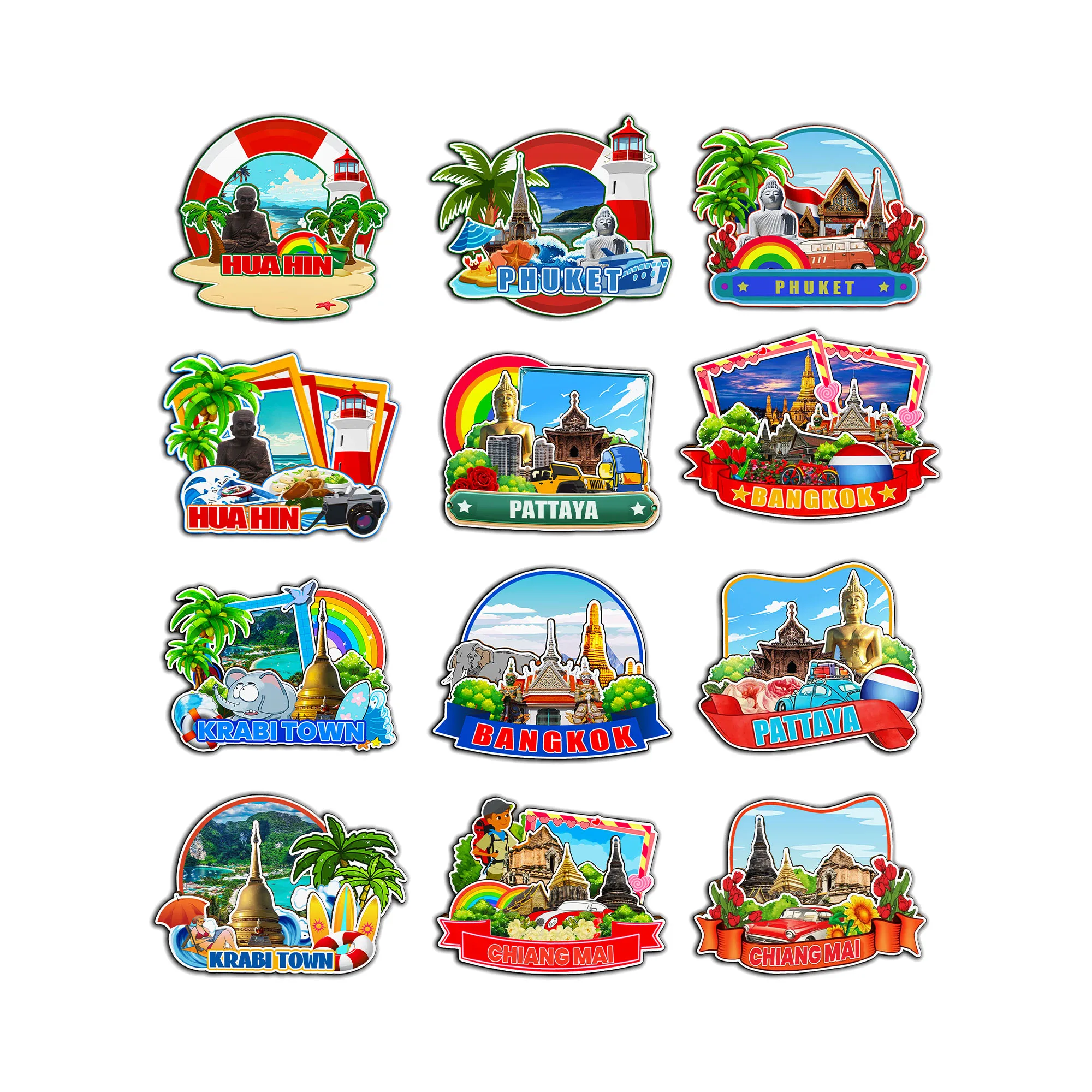 Imanes decorativos para Hua Hin Krabi Pattaya Chiang Mai Phuket Bangkok Tailandia punto de referencia de la ciudad pegatinas de madera 3D para nevera regalos