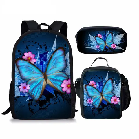 Popular y juvenil con estampado 3D de mariposa, 3 unidades/juego, bolsas de viaje para estudiantes, mochila para ordenador portátil, bolsa de almuerzo, estuche para lápices