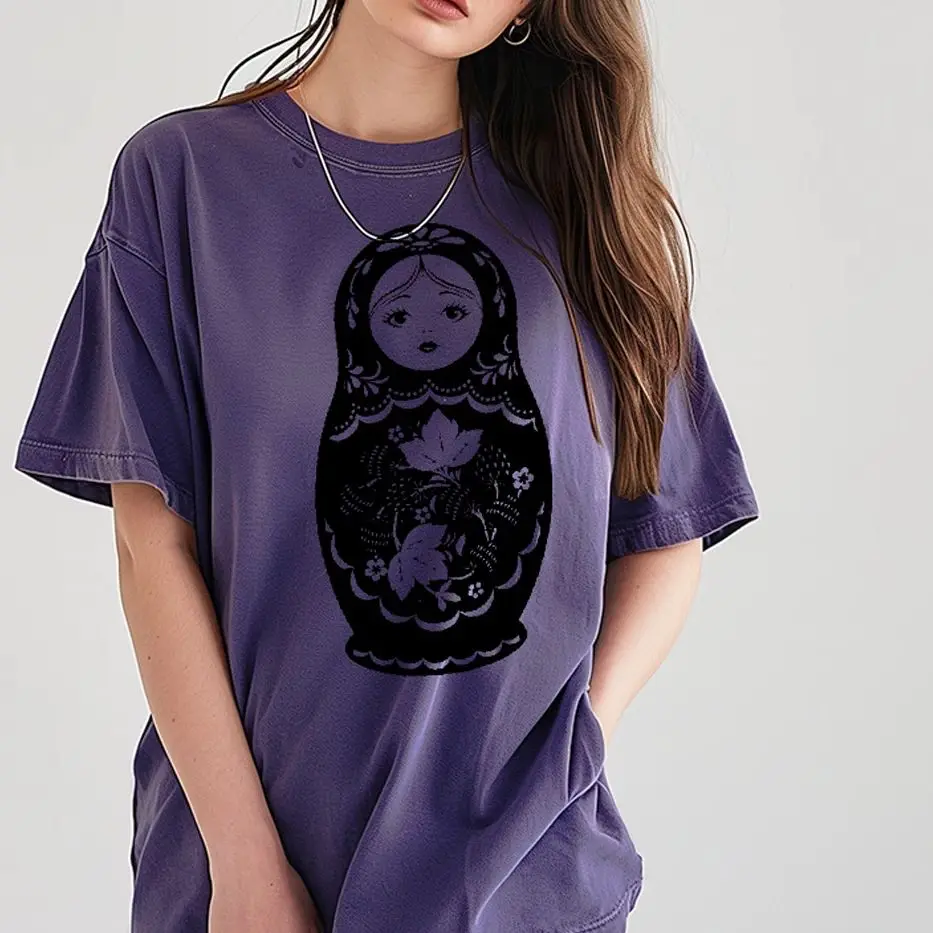 

Russian Style Matryoshka With Leaves Trendy Vintage Unisex Washed T-shirt Y2k Vintage Oversize T-Shirt Retro Washed Stylish Tee