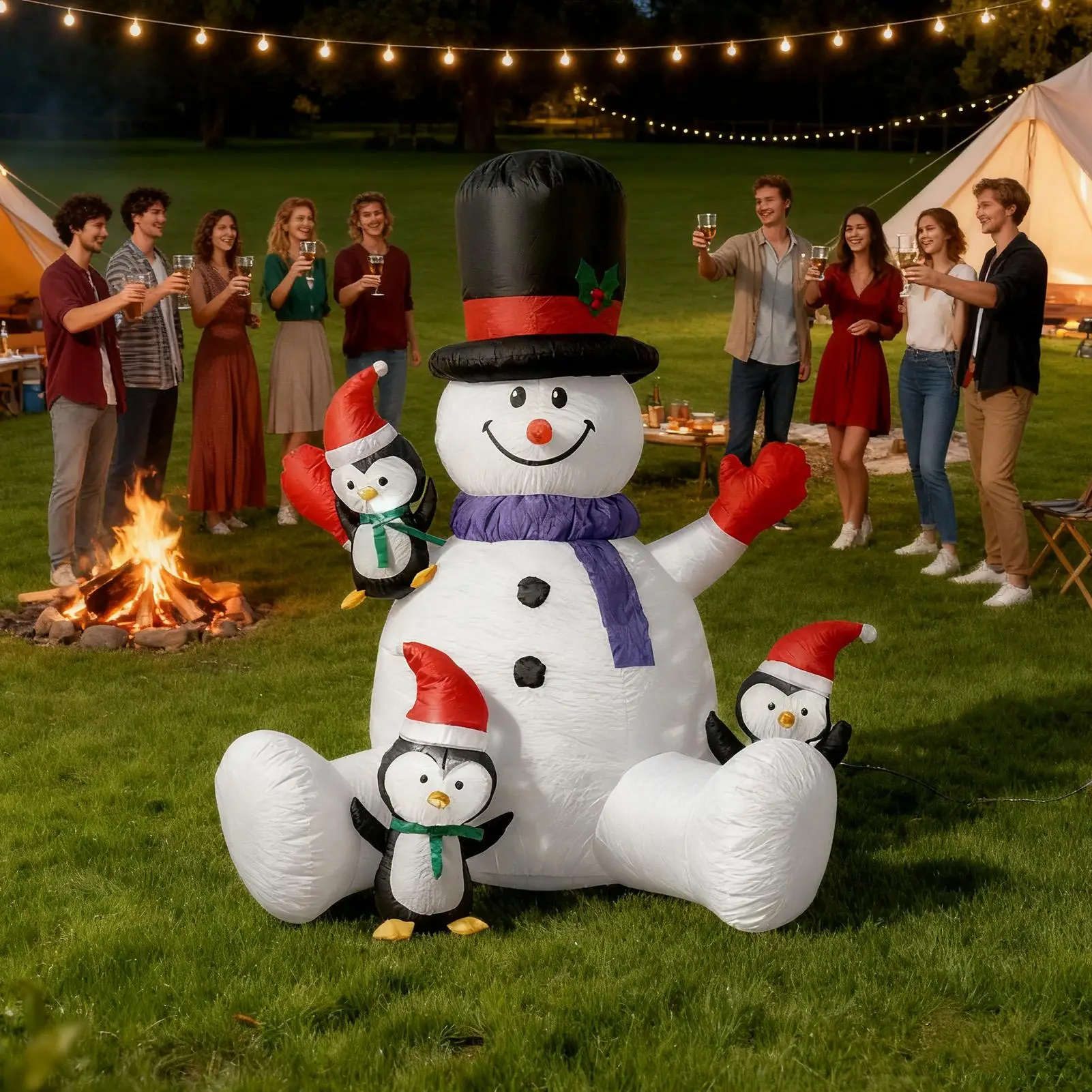 Christmas Inflatable Sitting Snowman with 3 Penguins, Built-in Colorful Rotating RGB LED Lights, Christmas Inflatable Home Decor