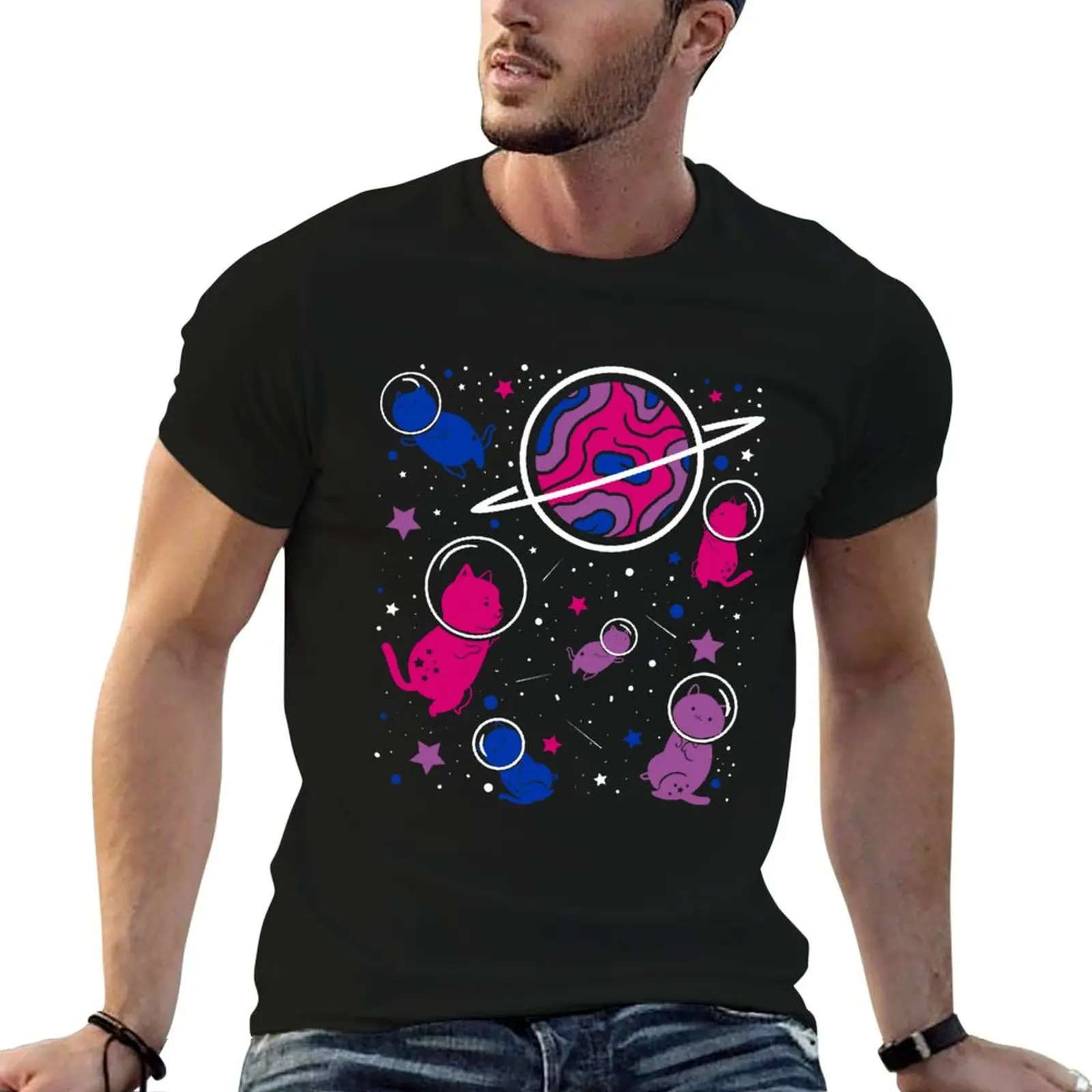 Bisexual Pride Cat In Space Bisexual Gift T-Shirt custom shirt custom t shirt Short sleeve tee workout shirts for men