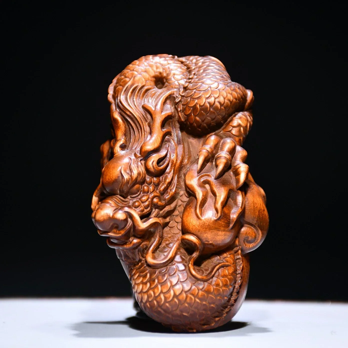 Chinese Boxwood Hand Carved Force Loong Dragon Figure Statue Netsuke Decoration Gift Collection