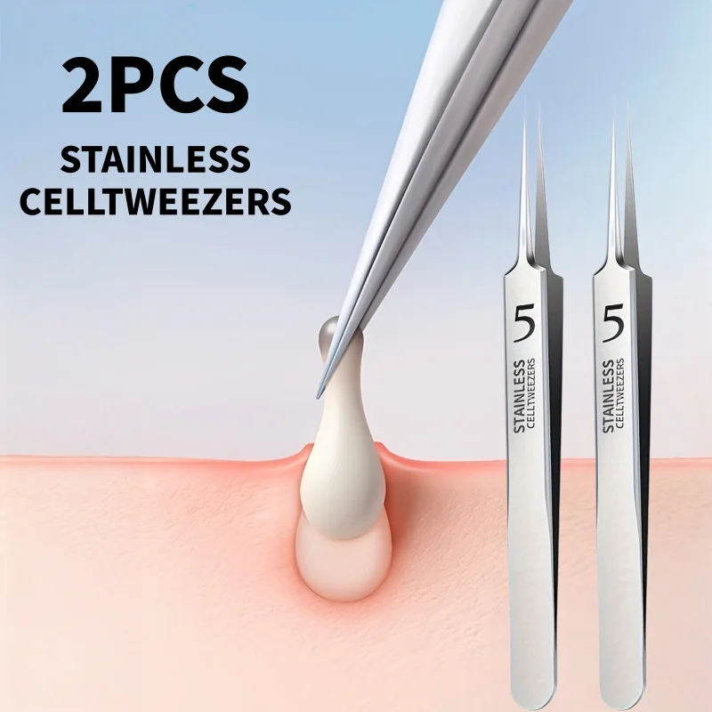 2Pcs Stainless Steel No.5 Cell Tweezers Precision Pointed Tip Tweezers for Blackhead Acne Removal Facial Skin Care