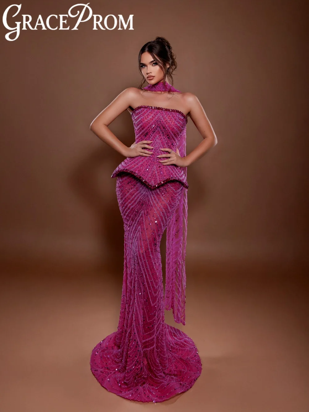 

New Purple Crystal Evening Dress With Corset Luxury Beaded Mermaid Wedding Party Gown Customized Strapless Banquet Dresses