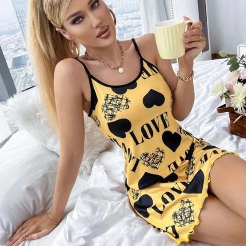 1 Piece Casual & Comfy Heart & Letter Print Nightdress, Women's Sleepwear & Dresses Lettuce Trim Sexy Slip Short Nightdress