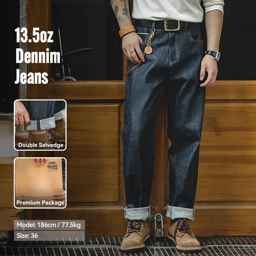 Maden خمر 13.5oz الوزن الثقيل Selvedge الخام الدينيم الجينز الرجال مستقيم صالح جينز قطني جيب غير رسمي بنطلون خريف شتاء