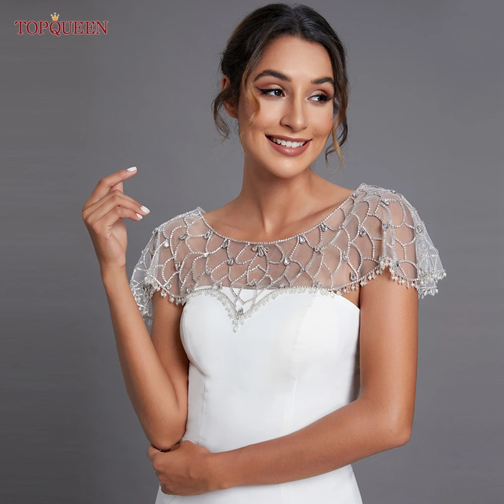 TOPQUEEN SG10 Crystal Bling Beaded Bridal  Beading Lace Wedding Shawl Jacket Bolero Wrap Bride Coat Cape Boleros Party Shrug