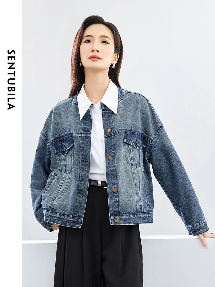 SENTUBILA รอบคอผ้าฝ้าย 100% Cropped Jean Jacket 2024 ฤดูใบไม้ผลิ Retro ล้างตรงหลวมสั้น Denim แจ็คเก็ต W41W53220