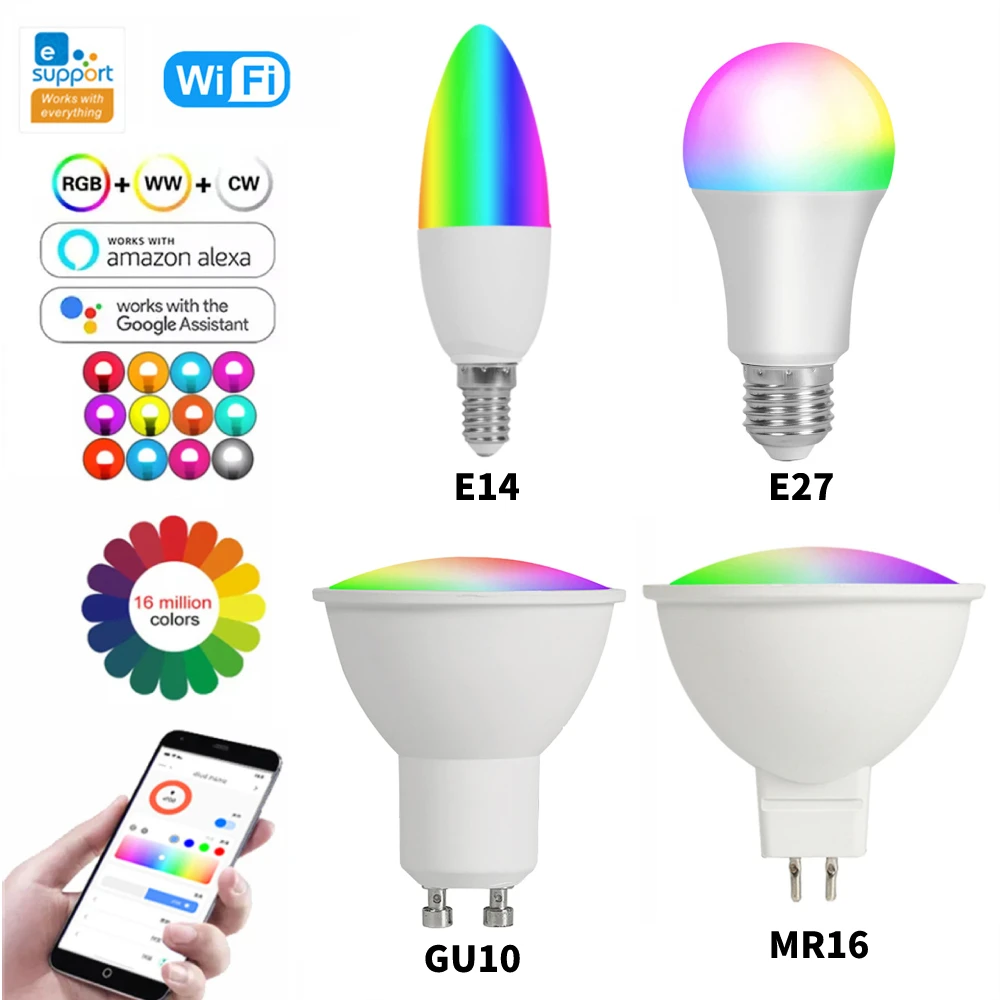 

Ewelink Wifi RGBCW Smart Led Light LED Bulbs RGB E14/E27/GU10/MR16 5W Dimmable LED Lamps Smart Home Work With Alexa Google Home