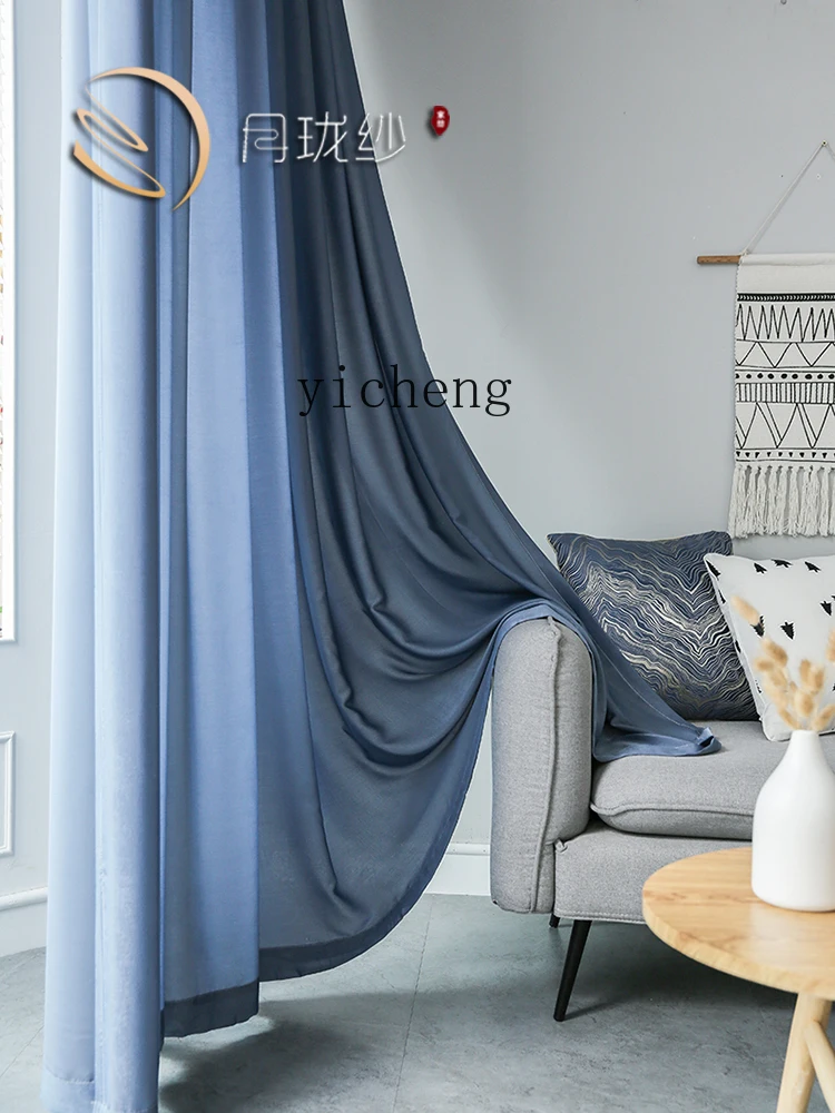 

ZZ Custom Blue Curtain Sheer Curtain Light-Filtering Privacy Thick Chiffon Sheer Semi-Blackout Balcony Tencel