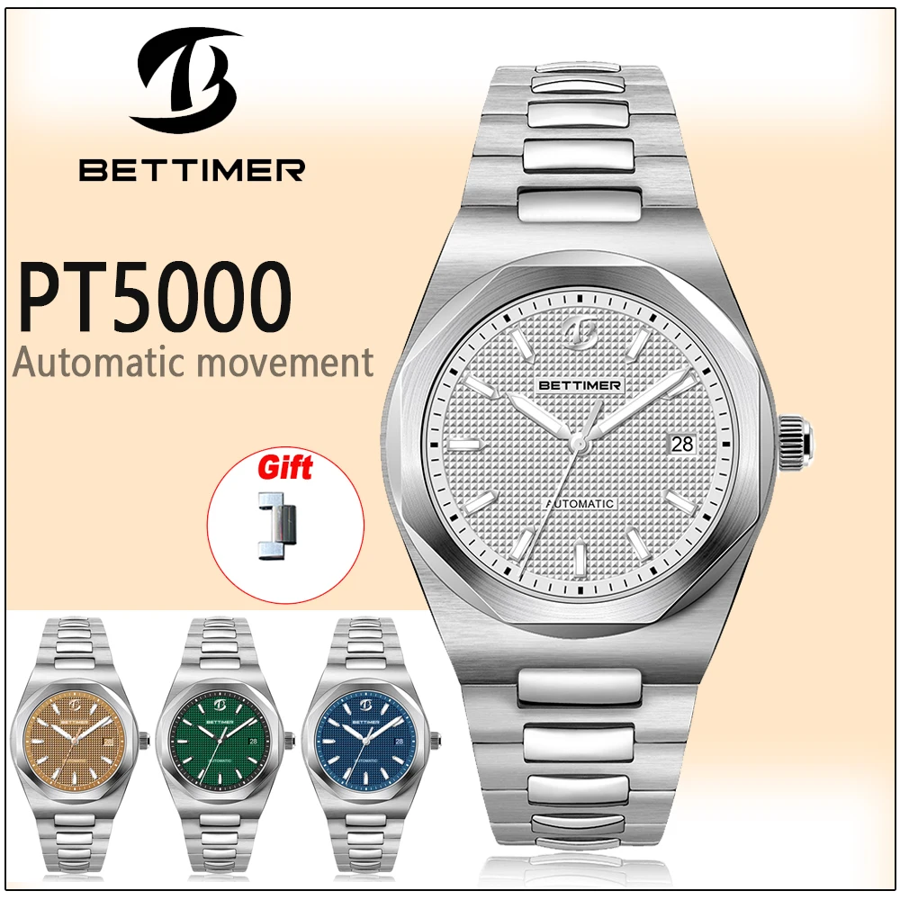 

BETTIMER 40mm Automatic Mechanical Wristwatch PT5000 Luxury Men's Watches Sapphire Stainless Steel 100m Waterproof watch B8001