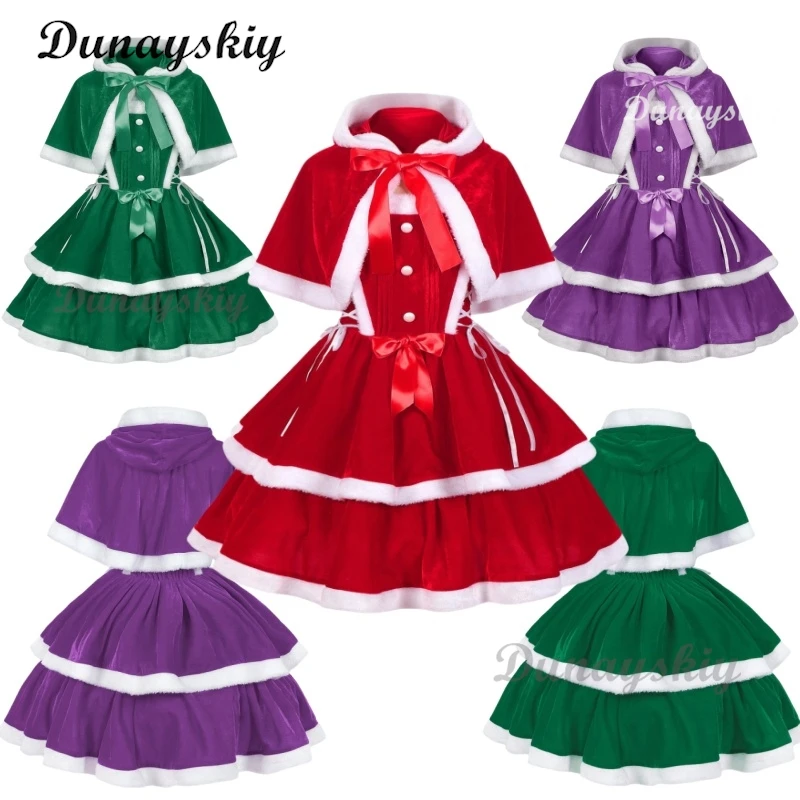 Christmas Dress Carnival Party Faux Fur Wrapped Dresses Cloak Cute Bunny Girls Cosplay Red Velvet Santa Claus Costume Elk Xmas