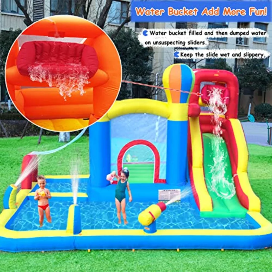 Backyard inflatable bounce house with water slide PVC material blue and yellow includes 4 sprinklers and 2 splash pools for coo view 3