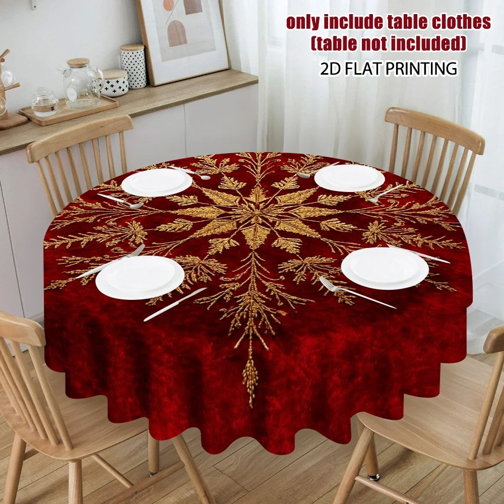 2D flat print, 1-piece Christmas gold snowflake round tablecloth design, suitable for compact dining spaces