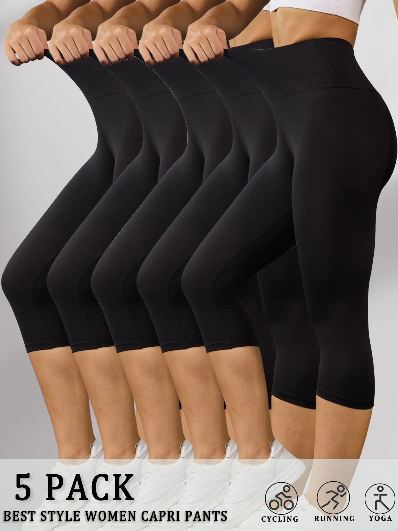 

5 Pack Women's High Waisted Capri Pants Super Soft No See Through Workout Yoga Running Athletic Push Up Gym Leggings