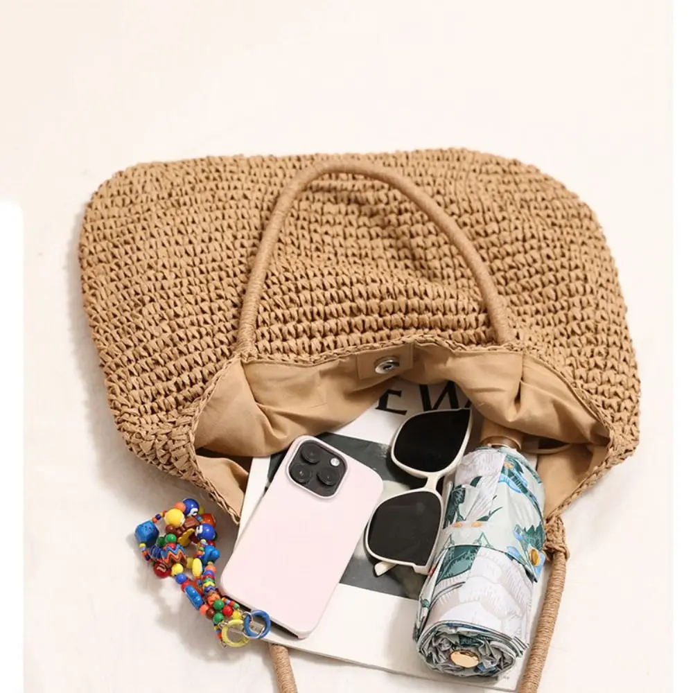 Image of Modische Stroh-Tragetasche Gewebte Strandtasche mit Großer Kapazität Einfarbige Quadratische Casual Schultertasche