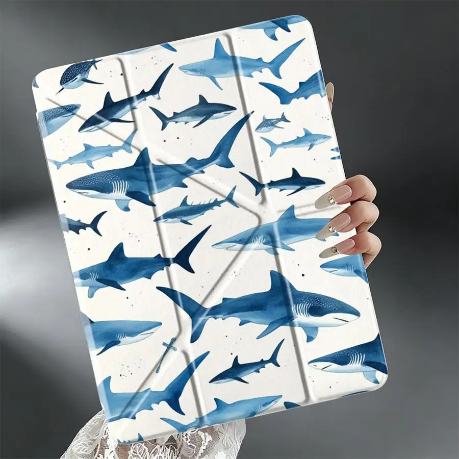 Cartoon Shark Design With Pen Slot Cover Tablet Case For iPad 9th Mini 7 6 5 Pro 13 2025 2026 12th Air 8 M2 M3 3 10th Gen 11th