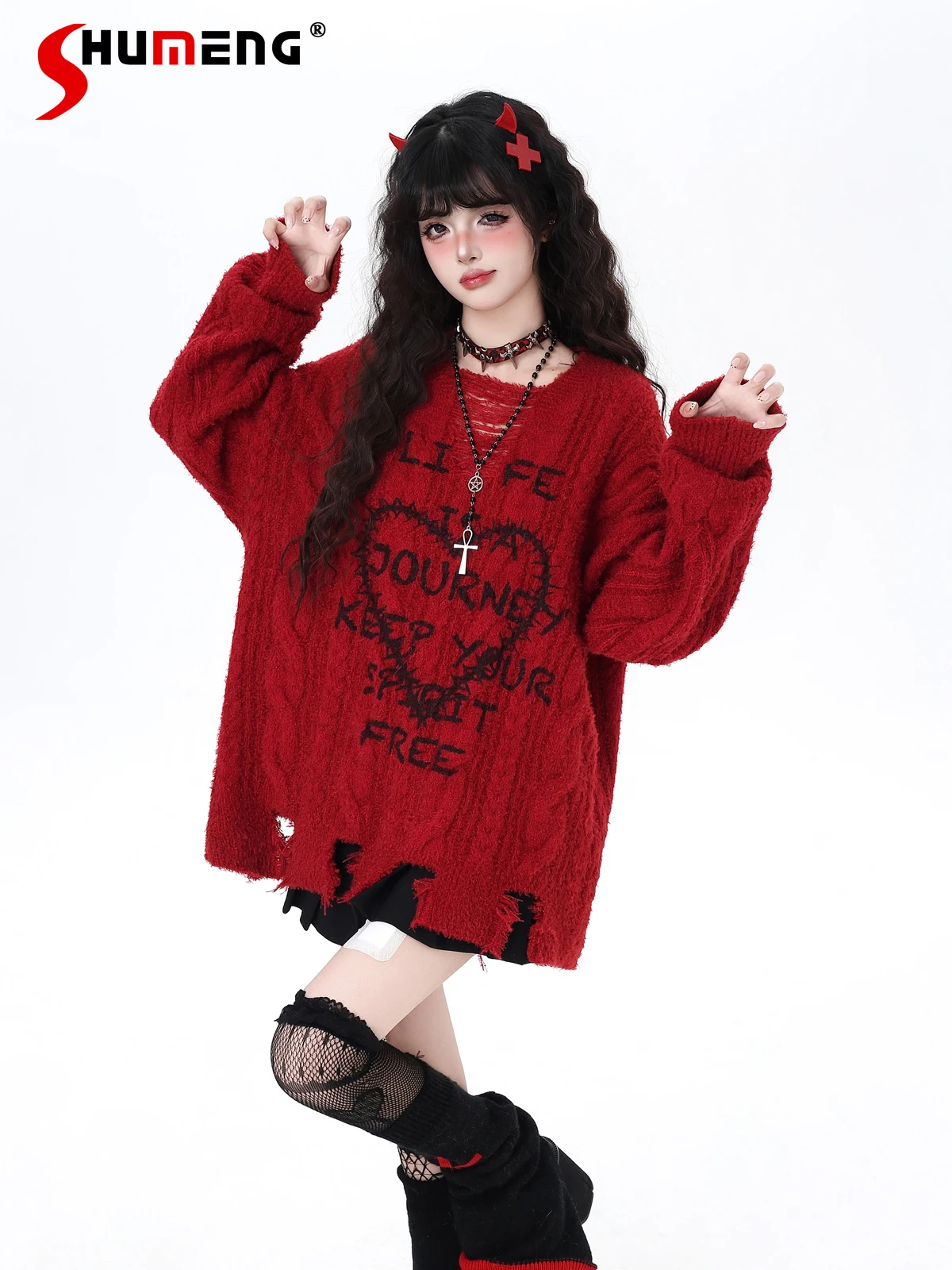 

Американская мода Street Sweet Cool Girl Y2K вязаные топы с рваными сердечками и v-образным вырезом с длинными рукавами свободные повседневные пуловеры женские свитера