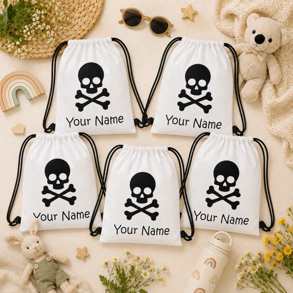 5 Pack Personalized Skull Crossbones Drawstring Backpacks Custom Name Kids Halloween Candy Bags Trick Or Treat Sack Set