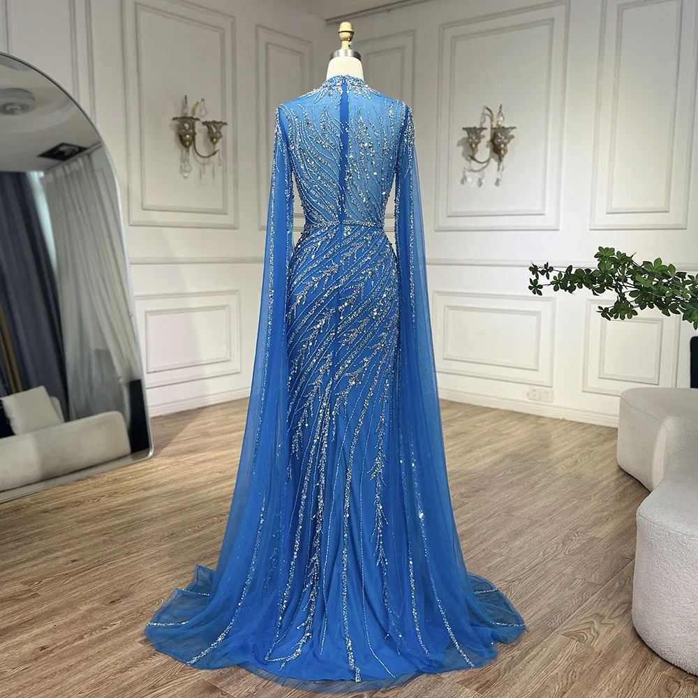 Serene Hill 2025 Dubai Blue Mermaid Evening Dresses With Cape Sleeves And Beaded Lace For Party Serene Hill 2025 Dubai Blue Mermaid Evening Dresses With Cape Sleeves And Beaded Lace For Party
